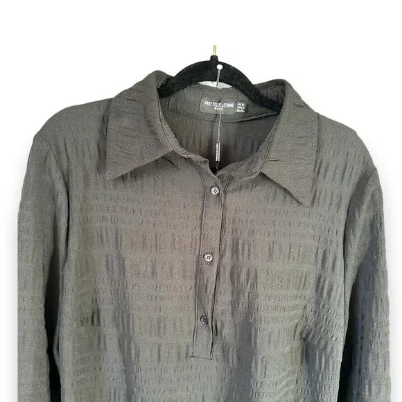 PrettyLittleThing Black Textured Ruched Side Midi Shirt Dress Size 14 - NWT - Picture 5 of 7